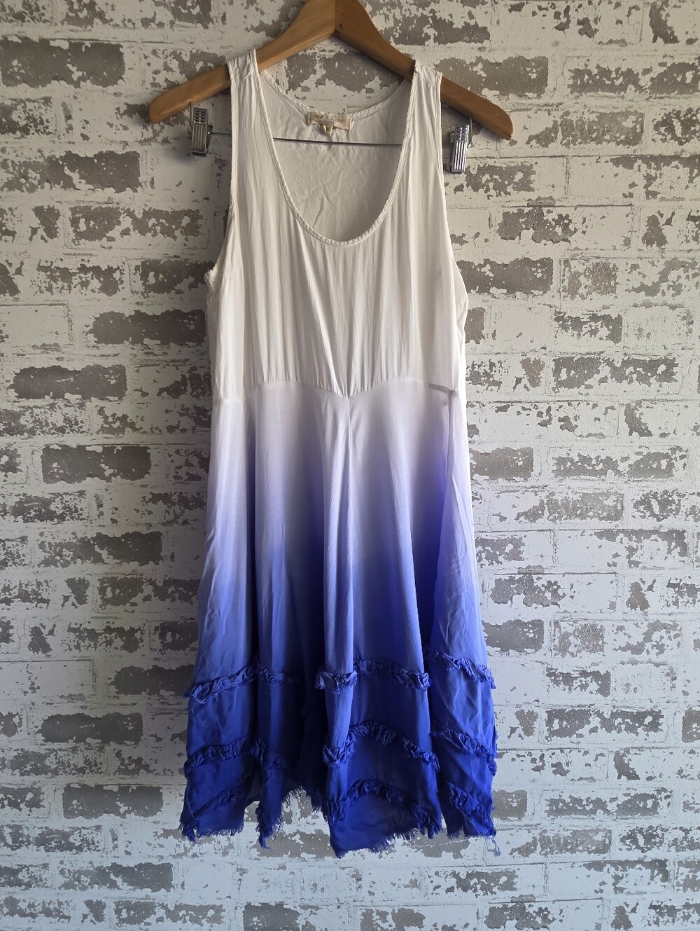 Black Swan Blue White Ombre Dip Dye Tiered Raw Hem Boho Tank Dress M